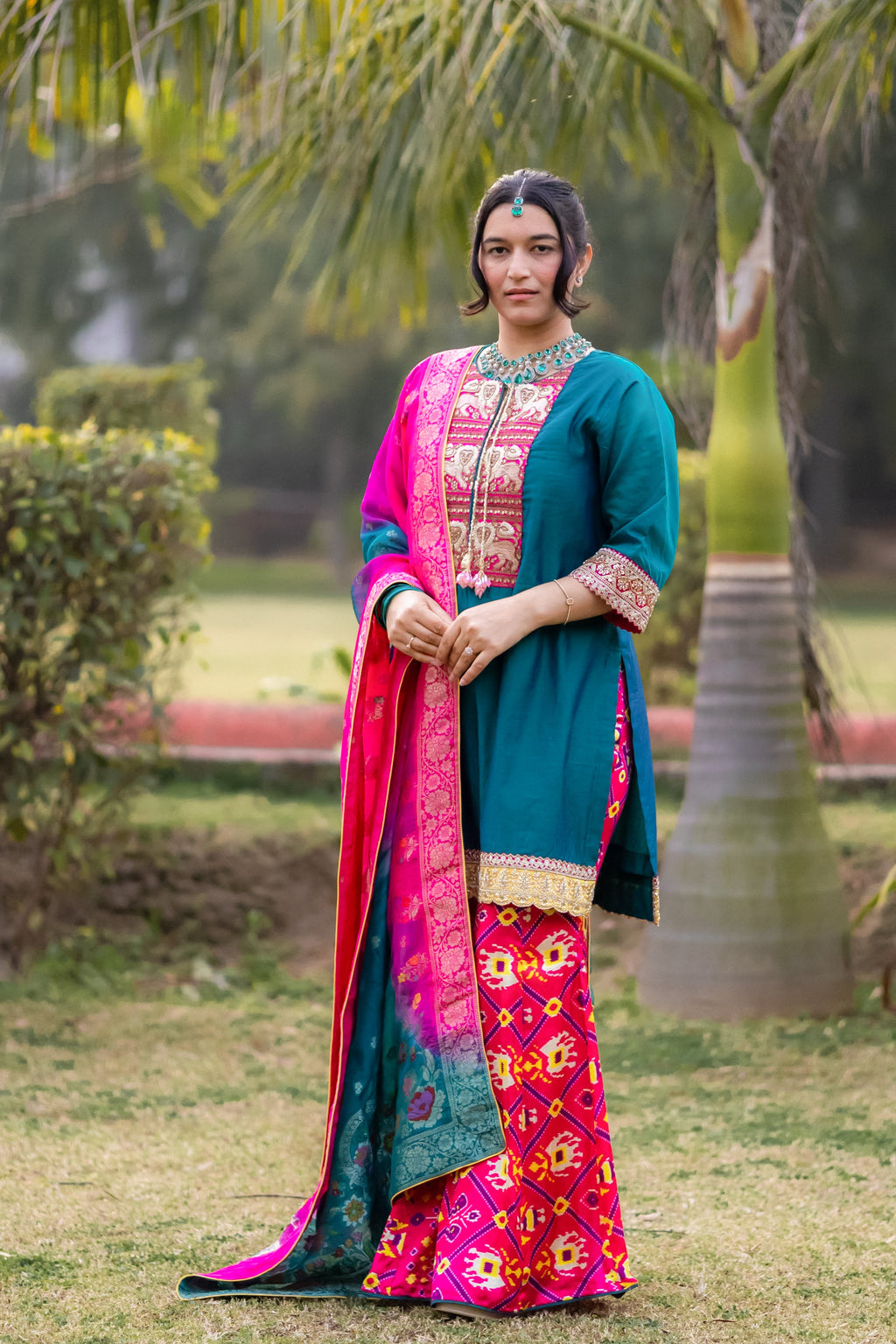 Royal Teal & Rani Raw Silk Suit Set with Banarasi Dupatta
