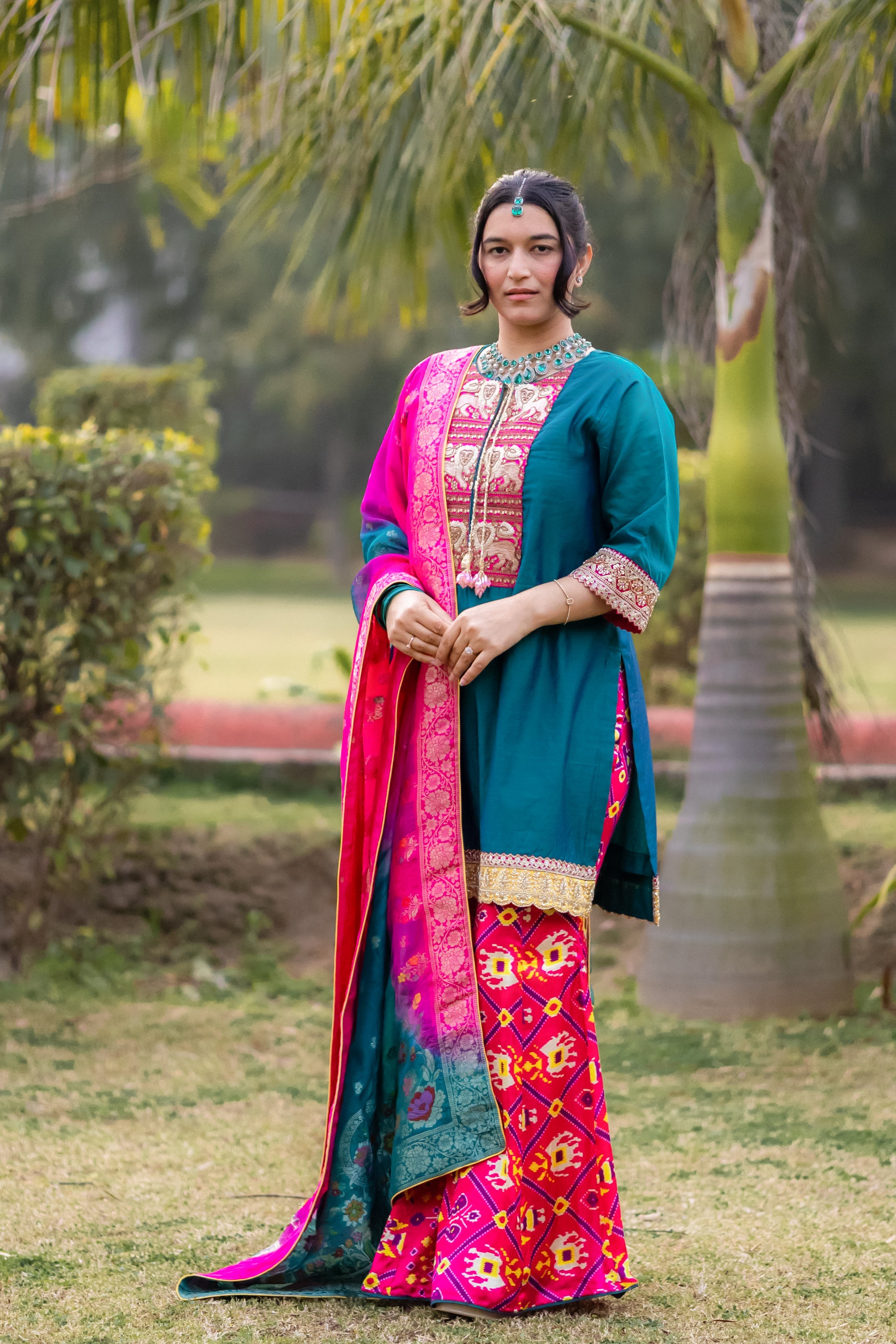Royal Teal & Rani Raw Silk Suit Set with Banarasi Dupatta