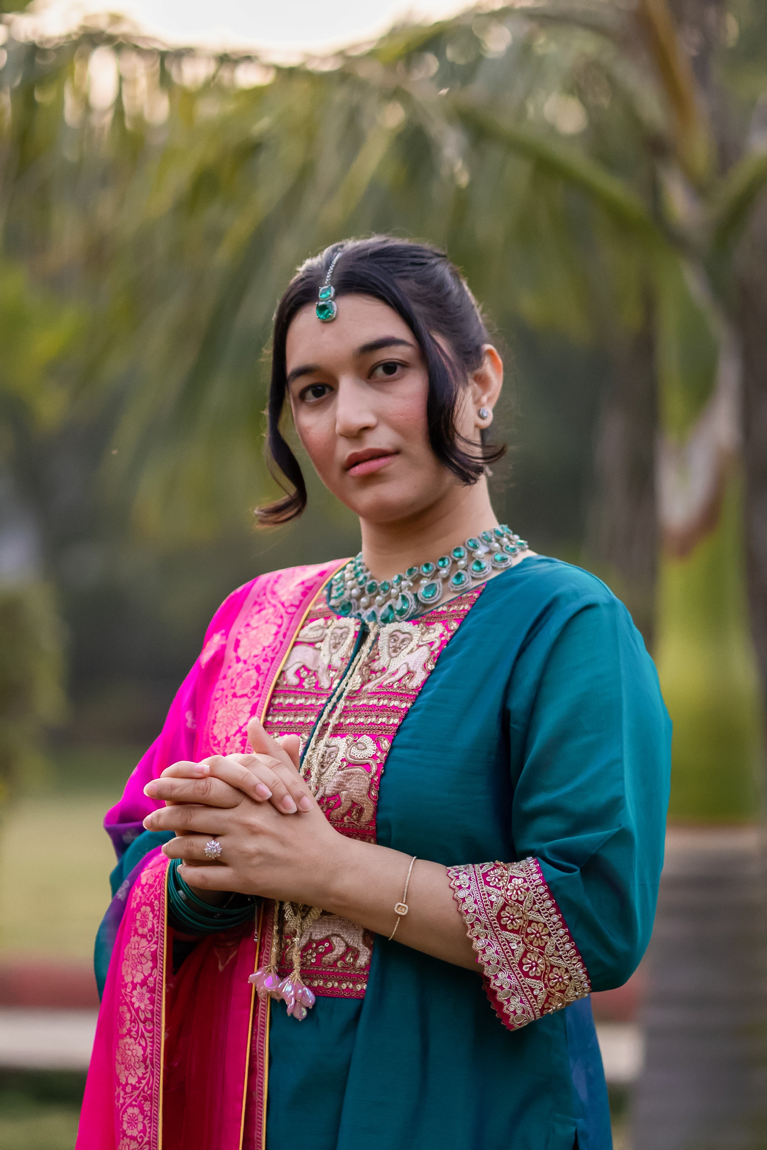 Royal Teal & Rani Raw Silk Suit Set with Banarasi Dupatta