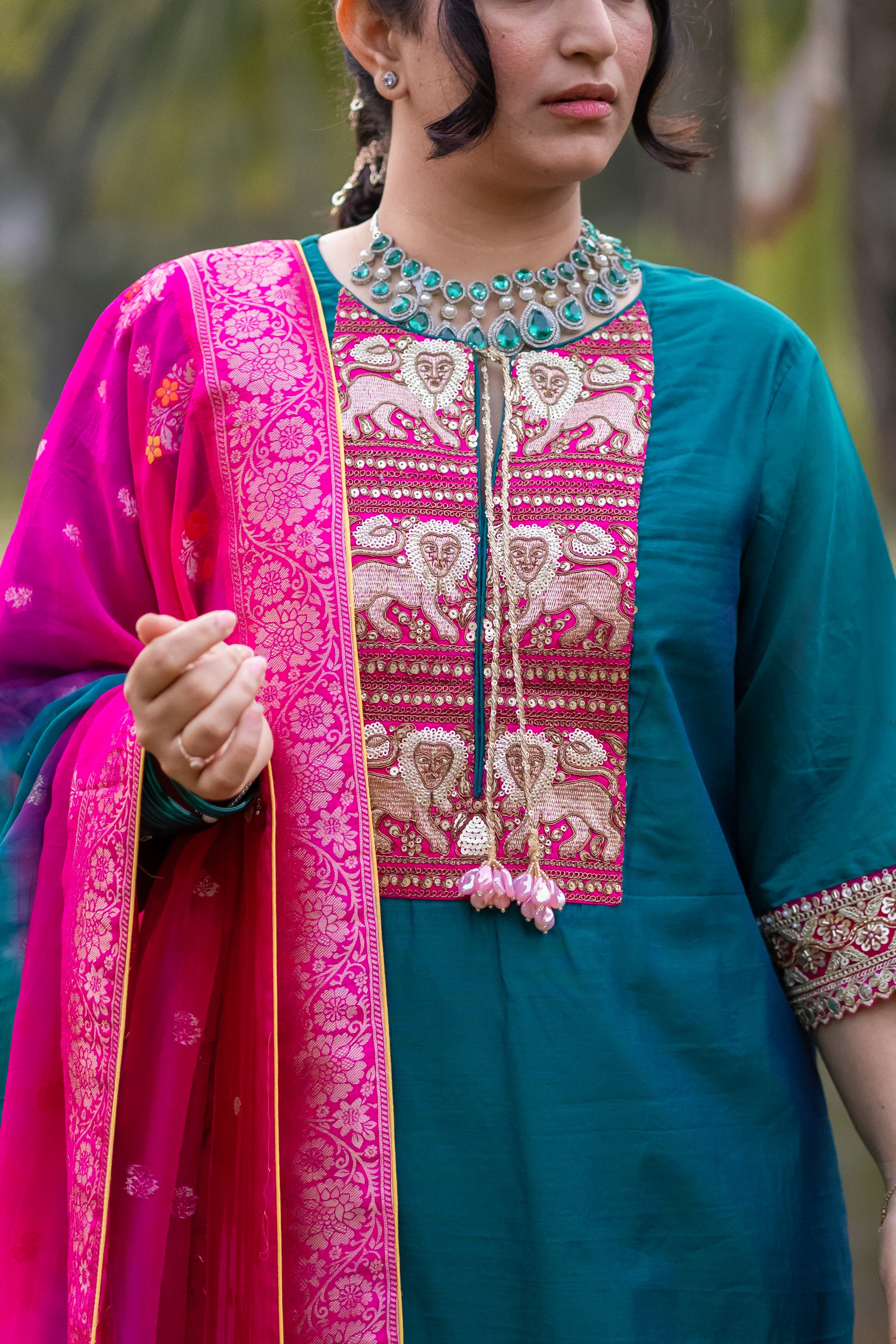 Royal Teal & Rani Raw Silk Suit Set with Banarasi Dupatta