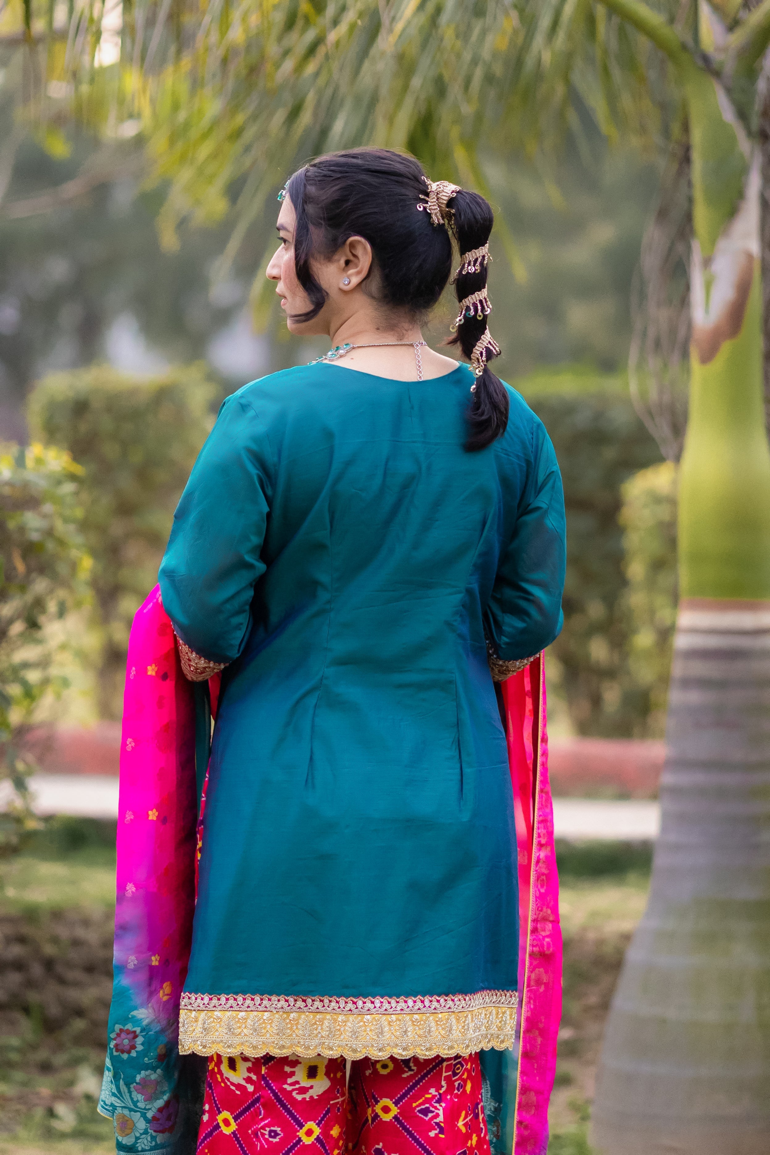 Royal Teal & Rani Raw Silk Suit Set with Banarasi Dupatta