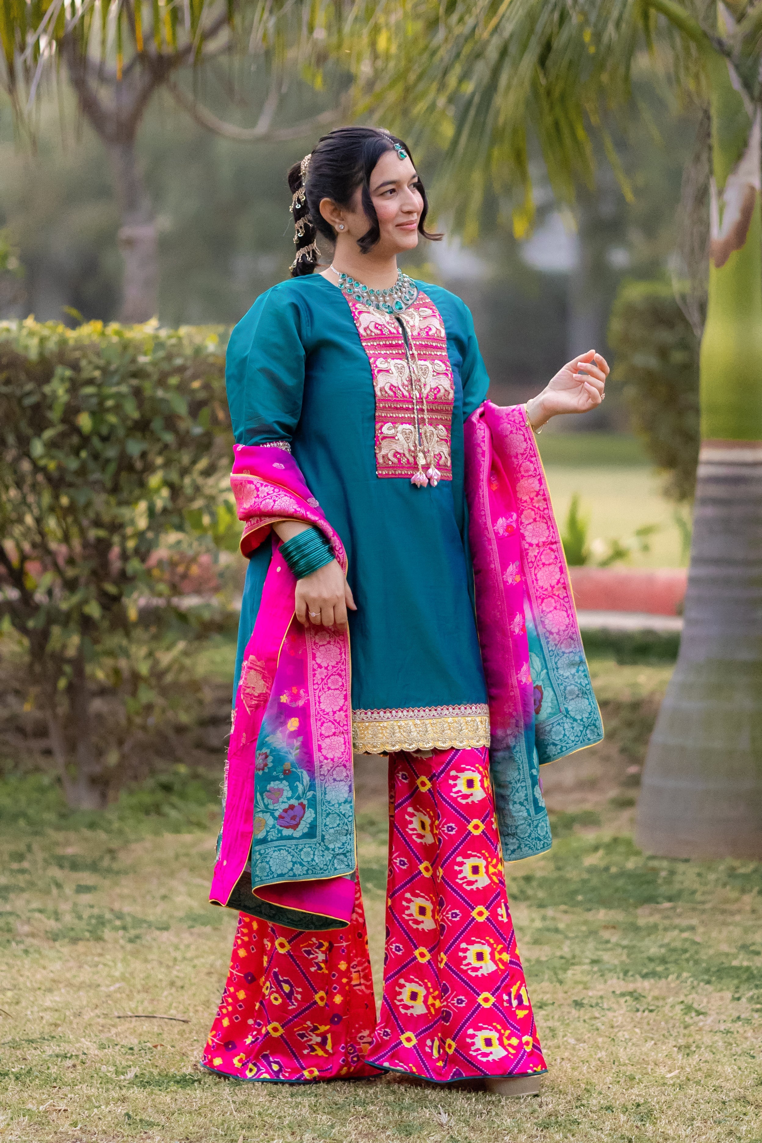 Royal Teal & Rani Raw Silk Suit Set with Banarasi Dupatta