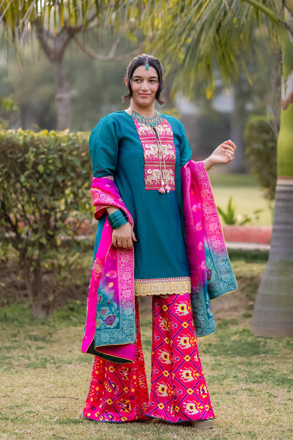 Royal Teal & Rani Raw Silk Suit Set with Banarasi Dupatta