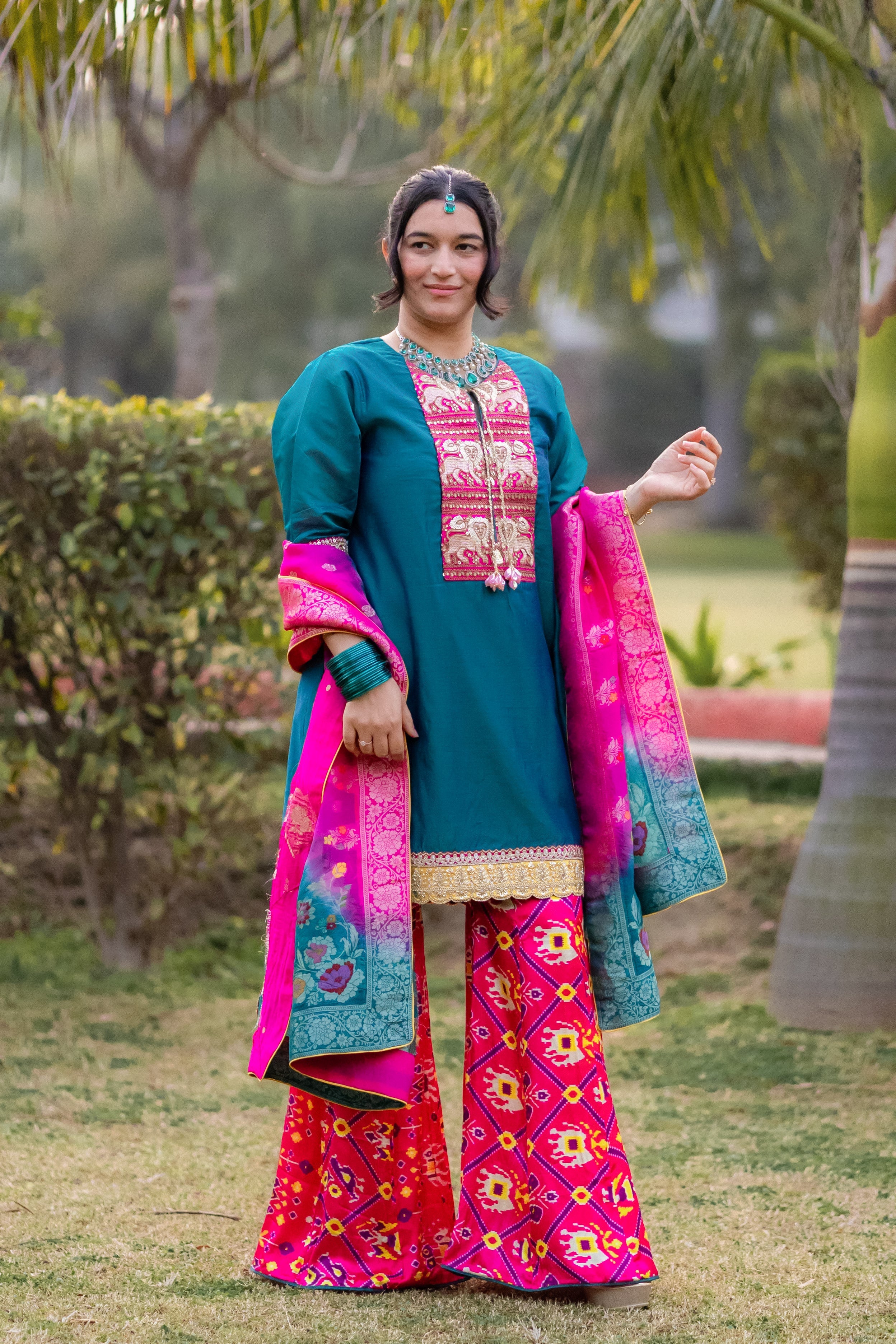 Royal Teal & Rani Raw Silk Suit Set with Banarasi Dupatta